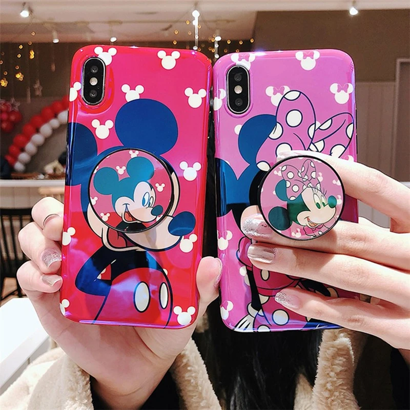 

Blu-ray super cute Mickey Minnie security handle bracket silicone soft cover case for iphone MAX XS XR 6 7 8 plus X phone cases