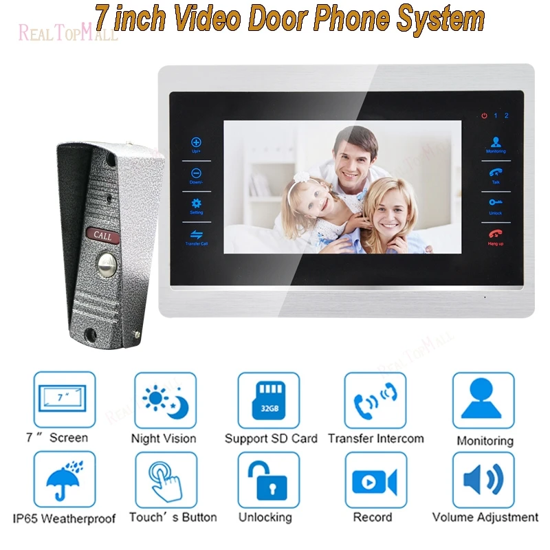 7 Inch Video Door Phone Monitor Intercom System Kit Doorbell Camera Night Vision 1200 TVL Recording SD Card Support 1 v 1