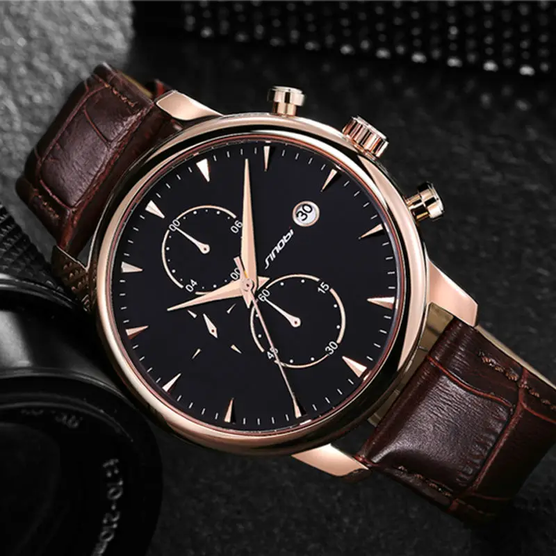 

SINOBI Chronograph Sports Mens Wrist Watches Leather Watchband Top Luxury Brand stopwatch date Male Business Dress Clock Saatler
