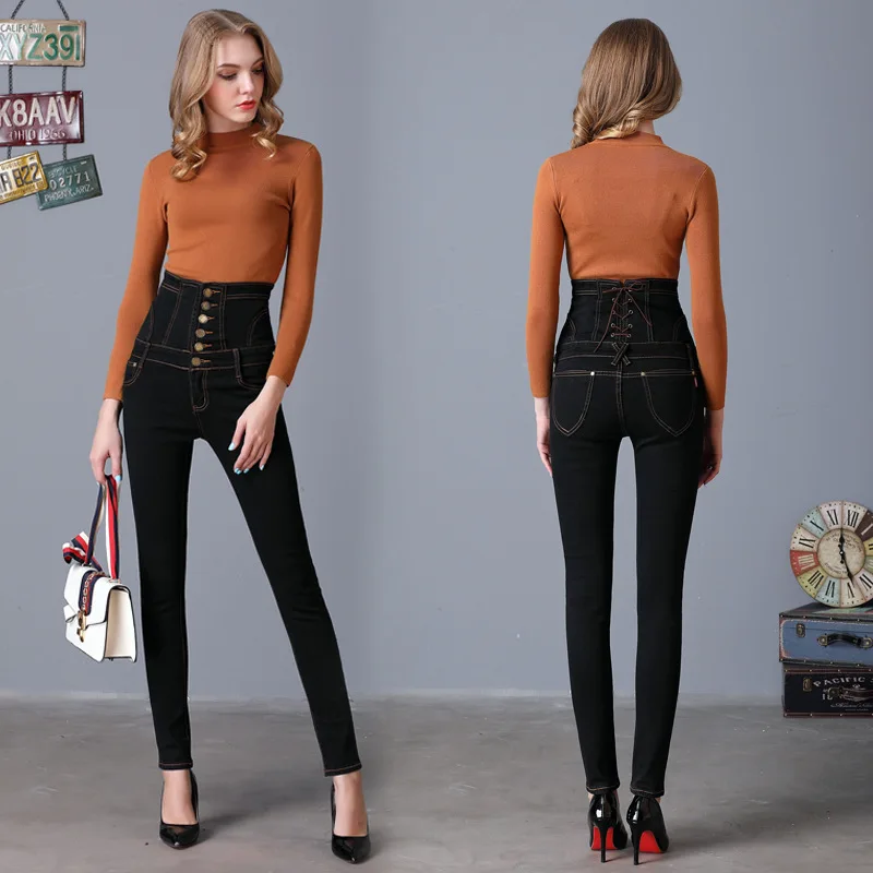 

2017 New Pattern European Wind Mujer Cintura Alta High Waist Black Bound Pencil Feet Skinny Jeans Woman Long Pants Denim Femme