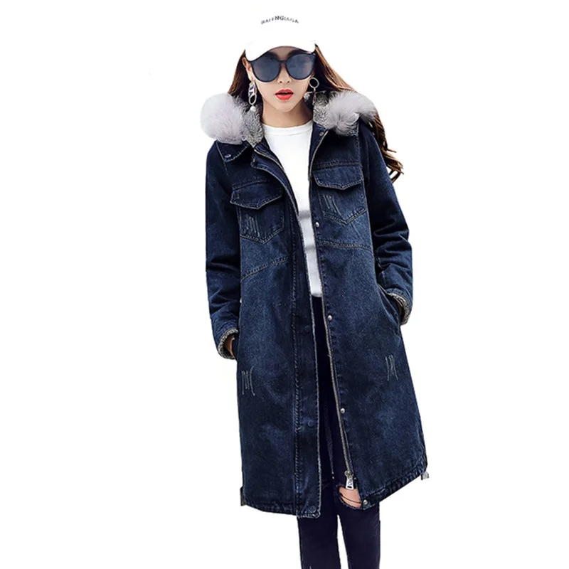 Blue Capuchon 2018 Bomber Laine Cow Chaud Denim Longue D'agneau Vestes Jeans Hiver Manteau La Navy Plus Épaississement De boy Dames En Velours Base Femmes À Taille xYA4Yrw