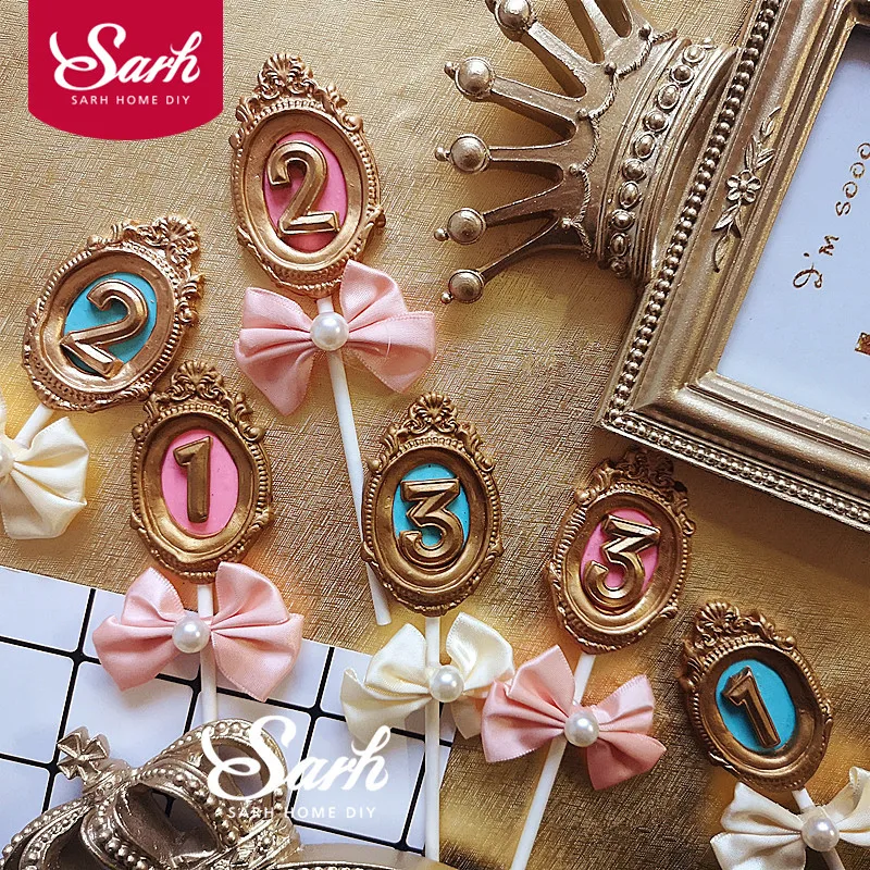 

Noble Bnowknot Frame Number 1st 2 3 Pink Blue Cake Topper Dessert Decoration for Birthday Party Lovely Gifts