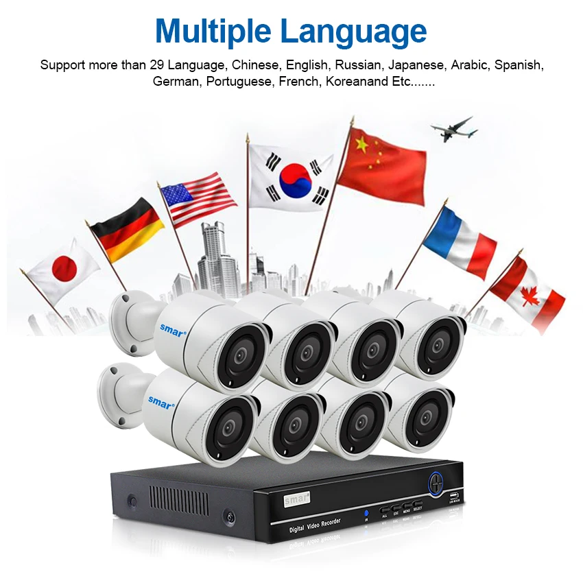  Smar H.265 8CH 1080P POE NVR Kit de 2.0MP IR impermeable al aire libre IP66 POE cámara IP cámara de