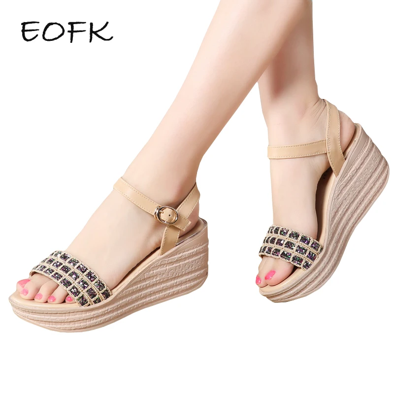EOFK New Summer Women Sandals Wedges Woman Shinny Crystal Decoration