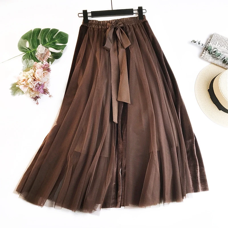 

Winter Vintage Velvet Patchwork Long Skirt Women High Waist Lace Up Tutu Skirts Femininas Saias Krean Style Clothing