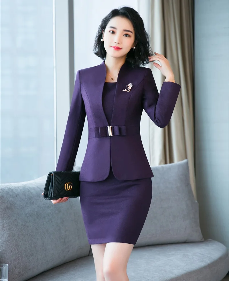 Высокое качество Формальные женские платья костюмы для женщин деловой костюм Блейзер и куртка наборы офисная форма стиль фиолетовый