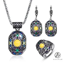 Boho Enamel Jewelry Sets For Women Vintage Jewelry Antique Silver Color Geometric Metal Pendant Necklace Earrings Ring Set 20%