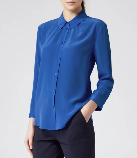 S XXXL women Royal blue Silk stretch satin blouse ladies casual long ...