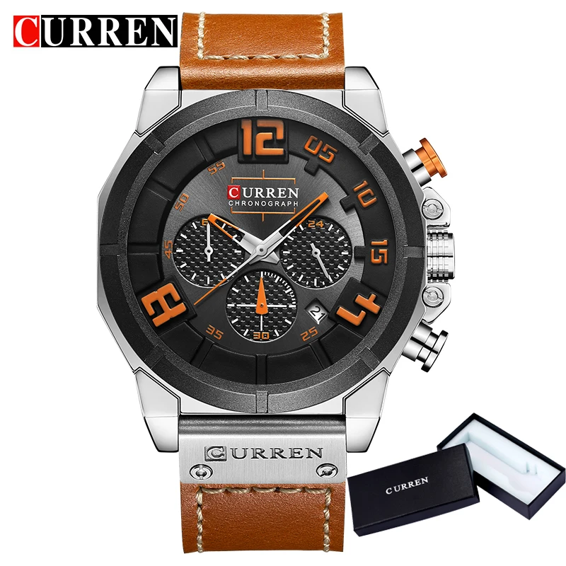 

CURREN Top Brand Chronograph Quartz watches Men 24 Hour Date Men Sport Leather Wrist Watch 8287
