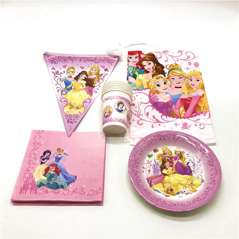 

Six Princess 47Pcs/lot Cup+Plate+Napkin+Tablecover Kid Birthday Party Festival Disney Cartoon Banners Wedding Decoration Supply
