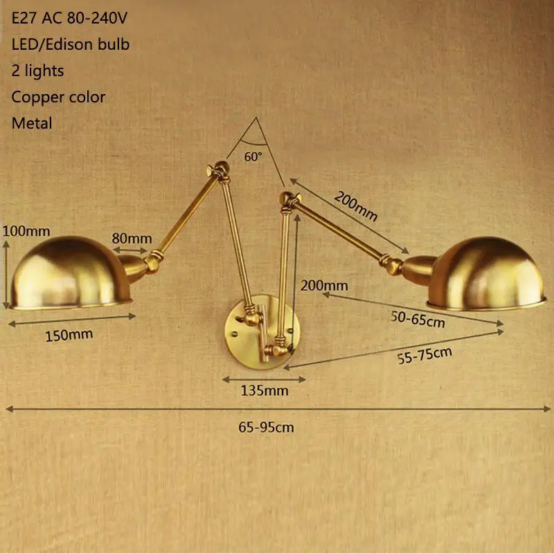 Дизайн роскошные античная латунь золотой double head swing arm Эдисон Бра Металлические Регулируемые Настенные Светильники Для Домашнего Освещения настенный светильник двухсторонний - Цвет абажура: 2 lights copper