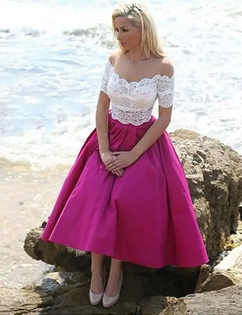 Online Shop Romance Fuchsia Beach Bridesmaid Dresses Tea Length