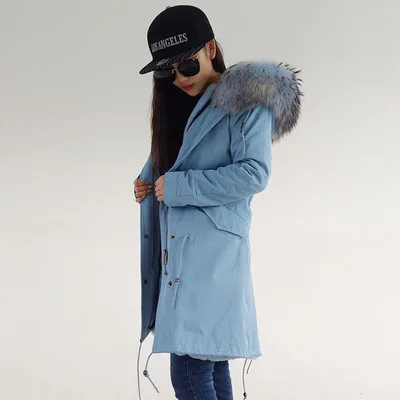 Бренд OFTBUY, новинка, большая Длинная зимняя куртка с капюшоном из меха енота, Женская парка, пальто из натурального меха для женщин, Толстая теплая подкладка - Цвет: blue blue black end