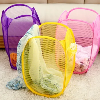 

10pcs Wholesale Storage Basket New Foldable Pop Up Washing Clothes Laundry Baskets Bag Hamper Mesh Simple operated