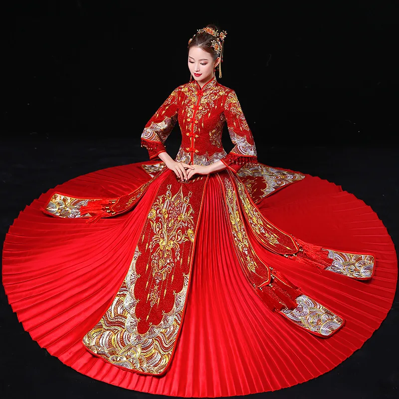 Элегантный красный для женщин плиссированное платье Национальный китайский невесты Cheongsam костюм Восточный древний Свадебная вечеринка