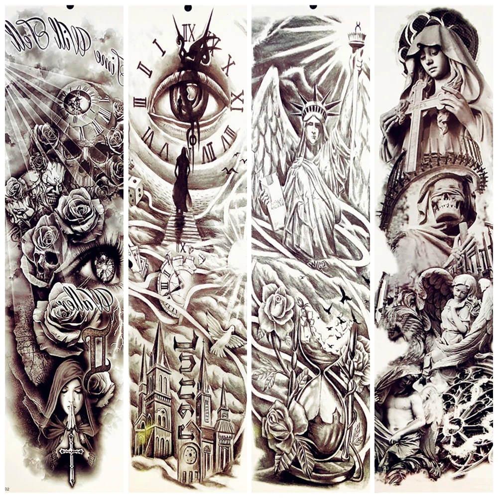 

3D Full Body Flower Arm Sleeve Temporary Tattoo Totem 48*17CM Statue of Liberty Waterproof Fake Women Girl Black Tattoo Stickers
