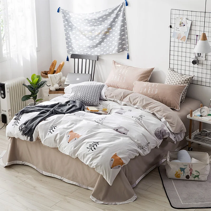 

Cute Cartoon Little Fox Pattern Round Sheet Pillowcase 100% Cotton Bedding Set 4Pc Duvet Cover Set Bedding Sets Queen King Size