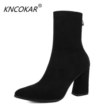 

KNCOKAR Autumn and winter of 2017 new elegant quality short boot thick heel high and high end elegant female boots