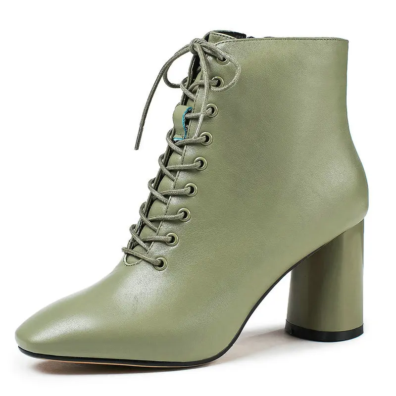 Женские ботильоны на квадратном каблуке; Цвет зеленый, черный; модные короткие ботинки из натуральной кожи на шнуровке; женская обувь для вечеринок; сапоги на высоком каблуке