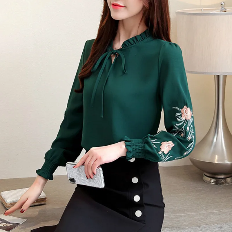 

Autumn Embroidered Shirt Green Yellow Chiffon Shirts Women's Blouse Long Sleeve Korean Slim Office Ladies Tops Plus Size Blusas
