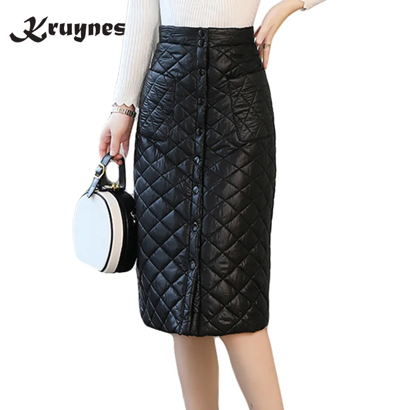 Kopen 2018 Vrouwen Mode Donzen Hoge Taille Rok Meisje Winter Warme Lange Faldas Saia Grappige single breasted Solid Kleding rokken