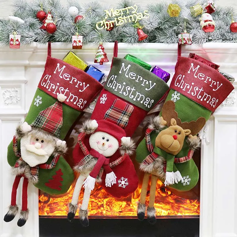 3pcs/set Christmas Stockings Decorations Santa Deer Snowman 3D Candy Socks Xmas Gift Bag Christmas Decorations for Home