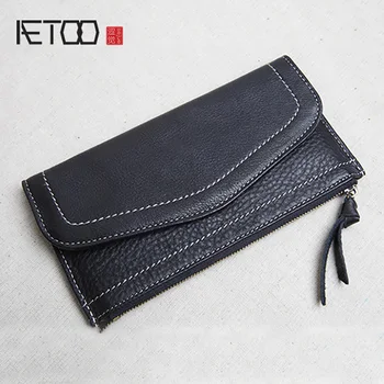 

AETOO Female long zippered leather buckle purse, small fresh lady cow hide ultra-thin simple hand bag, mobile phone bag