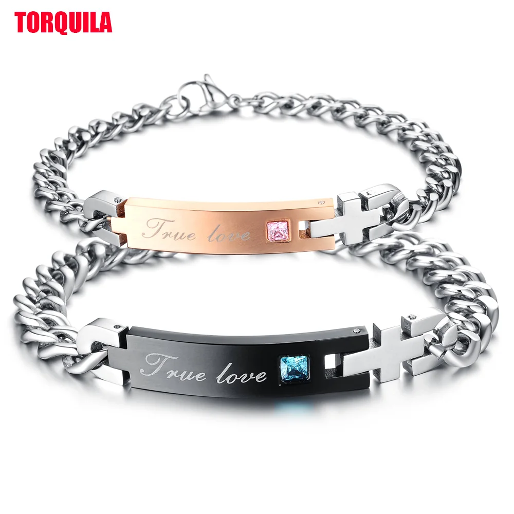 

Torquila Stainless Steel Bracelet True Love Couple Bangle with Blue pink Crystal Chain Fashion Bracelet