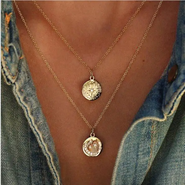 2019 Boho Star кулон с полумесяцем двойной многослойное ожерелье Золотая цепочка чокер