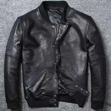 Куртка из натуральной овечьей кожи высокого качества размера плюс, мужская Тонкая черная кожаная куртка на молнии, бейсбольная куртка с воротником-стойкой, 5XL