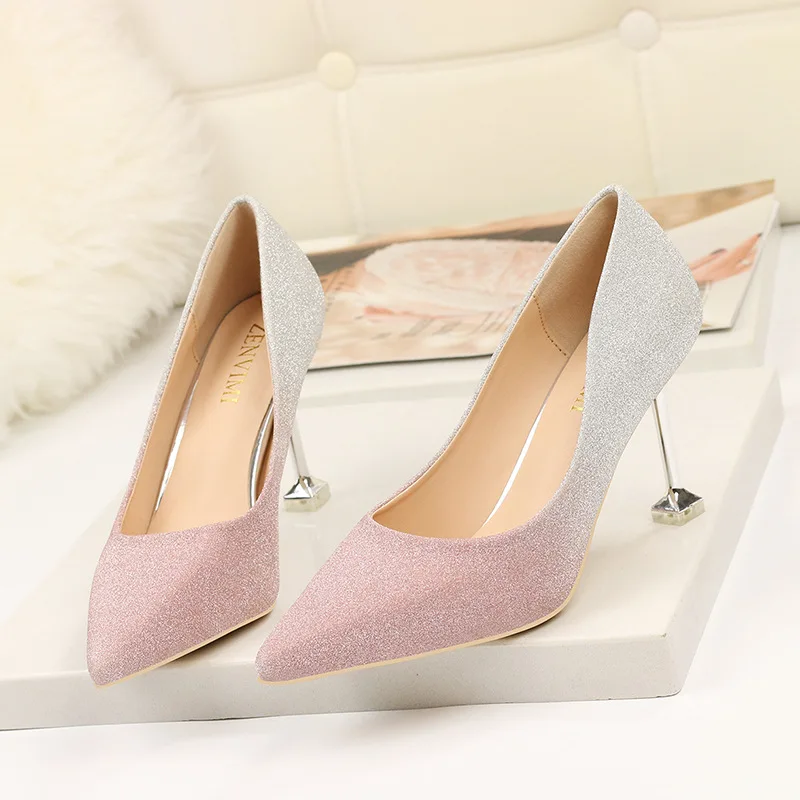 

2019 new gradient color sexy fashion fine with single shoes women's shallow mouth square root high heels women