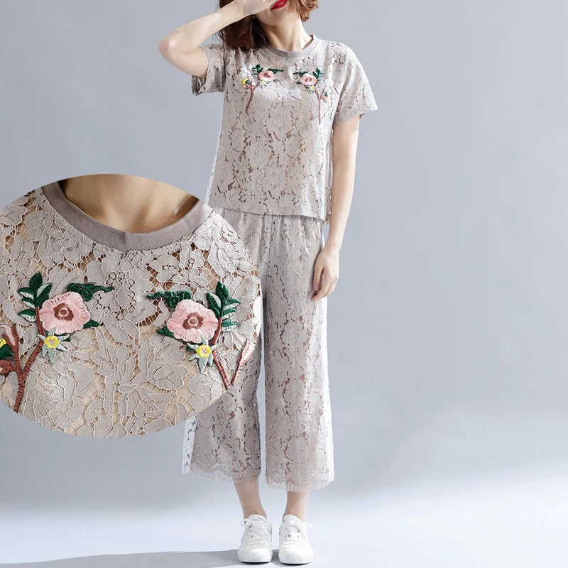 

Plus size M-3XL 4XL 5XL women 2 piece set top and pants summer outfit 2019 lace embroidery floral loose tracksuit suits Clothing