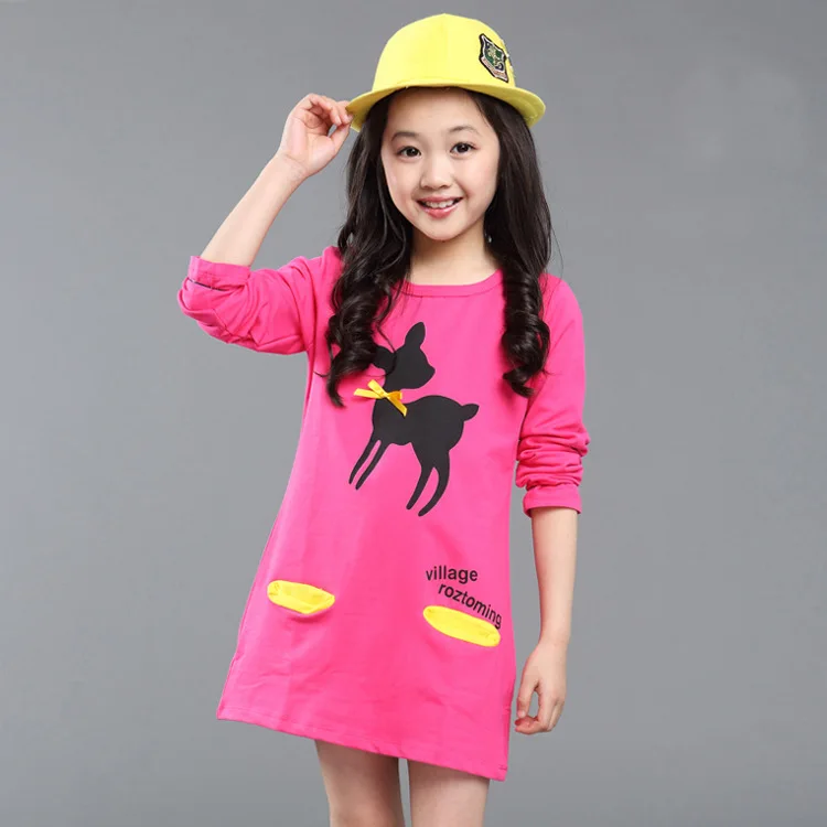 Платье-футболка для девочек; хлопковые детские платья с длинными рукавами для девочек с рисунком оленя; одежда для малышей с круглым вырезом; сезон весна-осень - Цвет: rose red