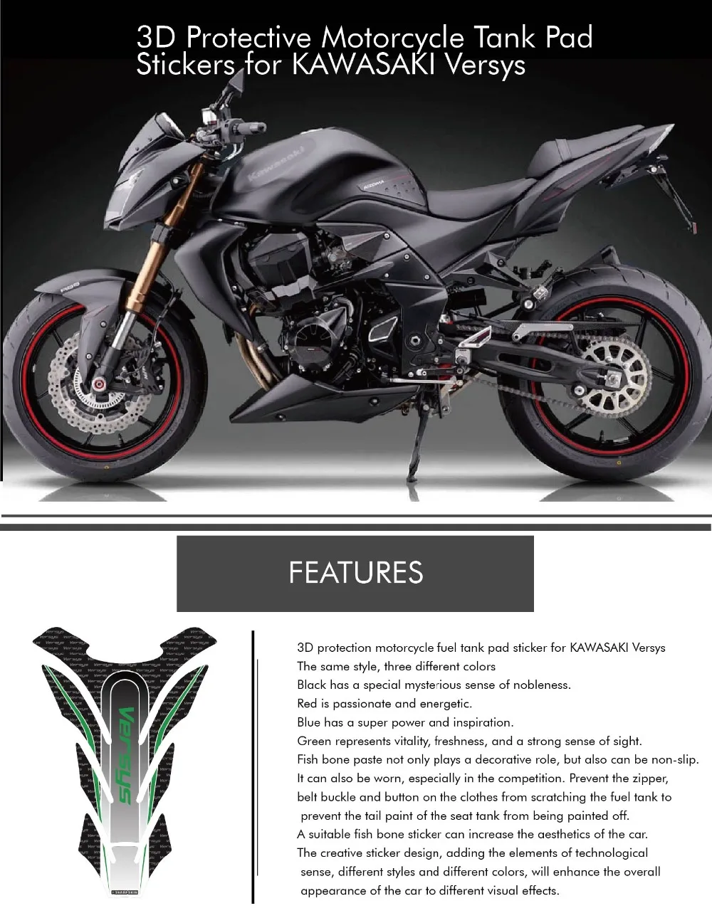 NEW Motorcycle 3D fuel tank pad sticker Fishbone protective decorative decal Fit KAWASAKI Versys 650 1000 all VERSYS