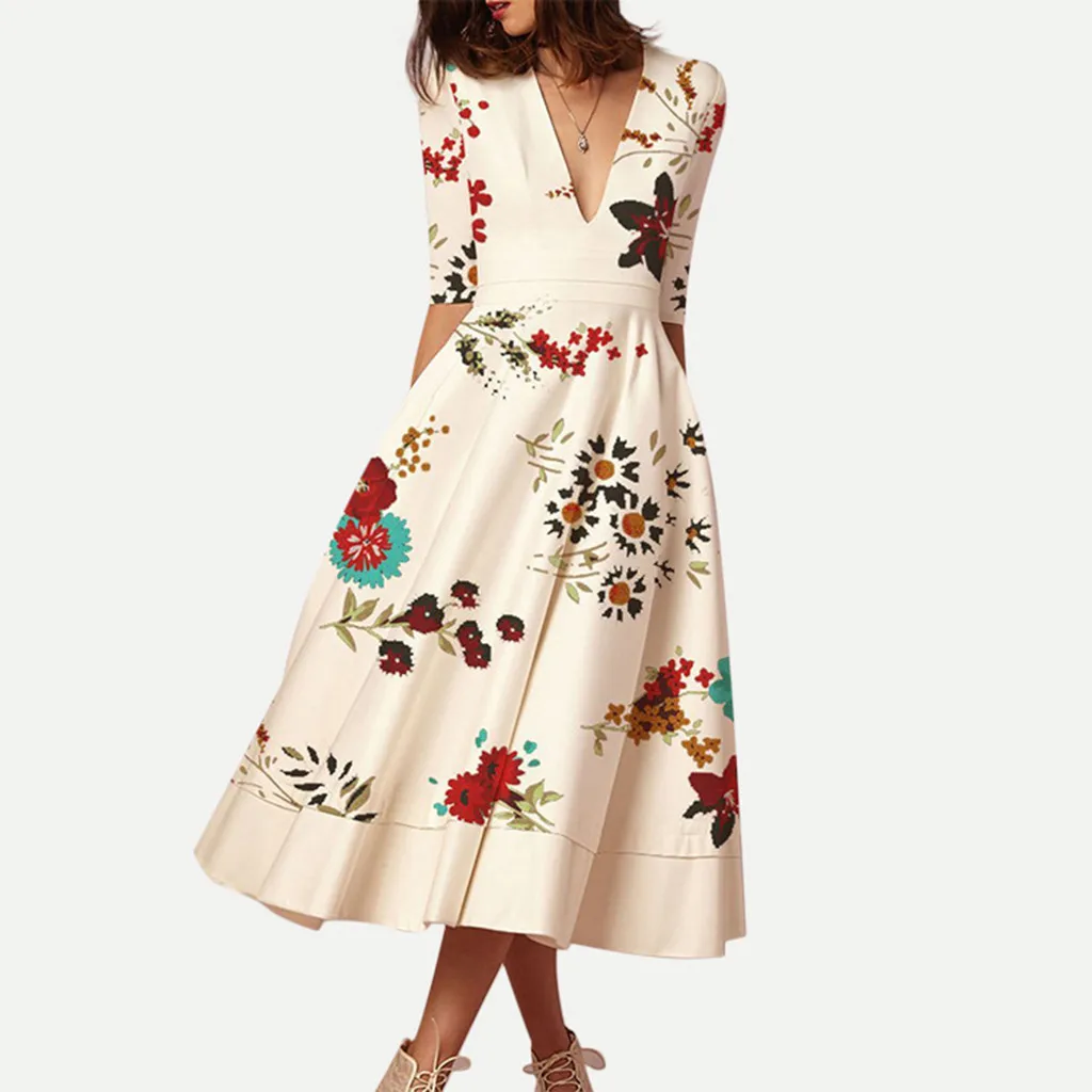 Женское летнее платье с принтом, женское элегантное платье с v-образным вырезом и рукавом средней длины, Клубное платье vestito donna estate Vestidos Verano robe vintage