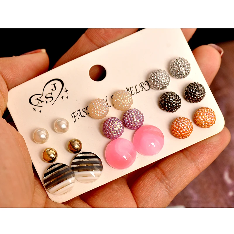 

New fashion women jewelry wholesale ladies party pearl pink ear studs mashup gorgeous 9 pairs /set earrings gift free shipping