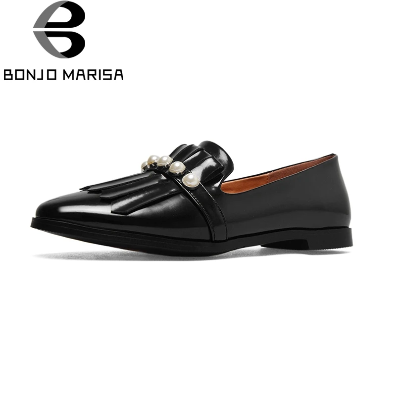 

BONJOMARISA Large size34-43 Round Toe Spring Patent Leather Women Shoes Slip On Fringe Decoration Flats Soft Daily Shoes