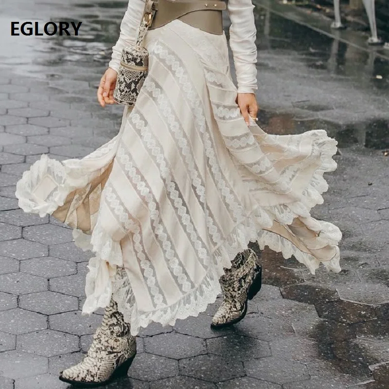 

Floor Length Skirt 2018 Autumn Winter Spring Party Women Maxi Skirt Ladies Lace Patchwork Asymmetrical Style Long Skirt Female