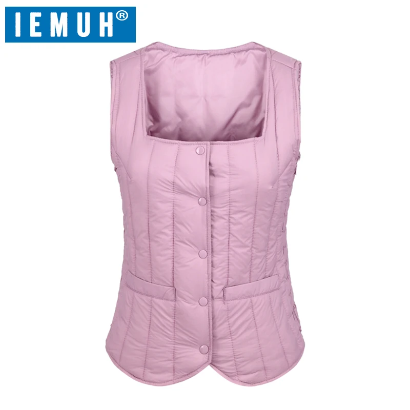Розовый Бренд IEMUH, M-XXXL, женский жилет, Повседневный, без рукавов, зимняя куртка, ультралегкий, белый, утиный пух, жилет, женский, тонкий жилет, теплый жилет - Цвет: Розовый