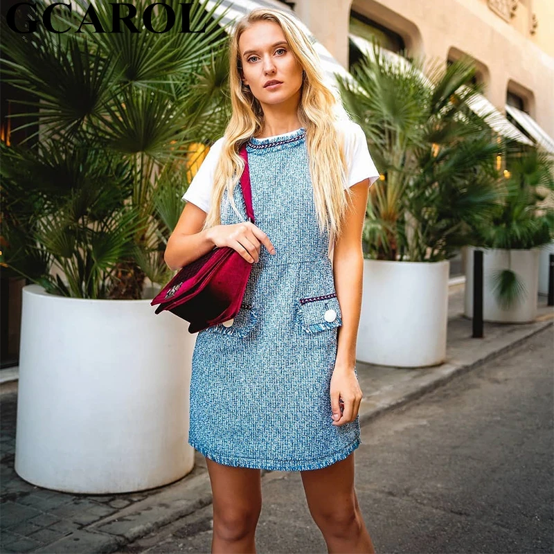 

GCAROL New Arrival Button Decoration Soft Tweed Dress High Quality Light Blue Straps Mini Dress For Ladies