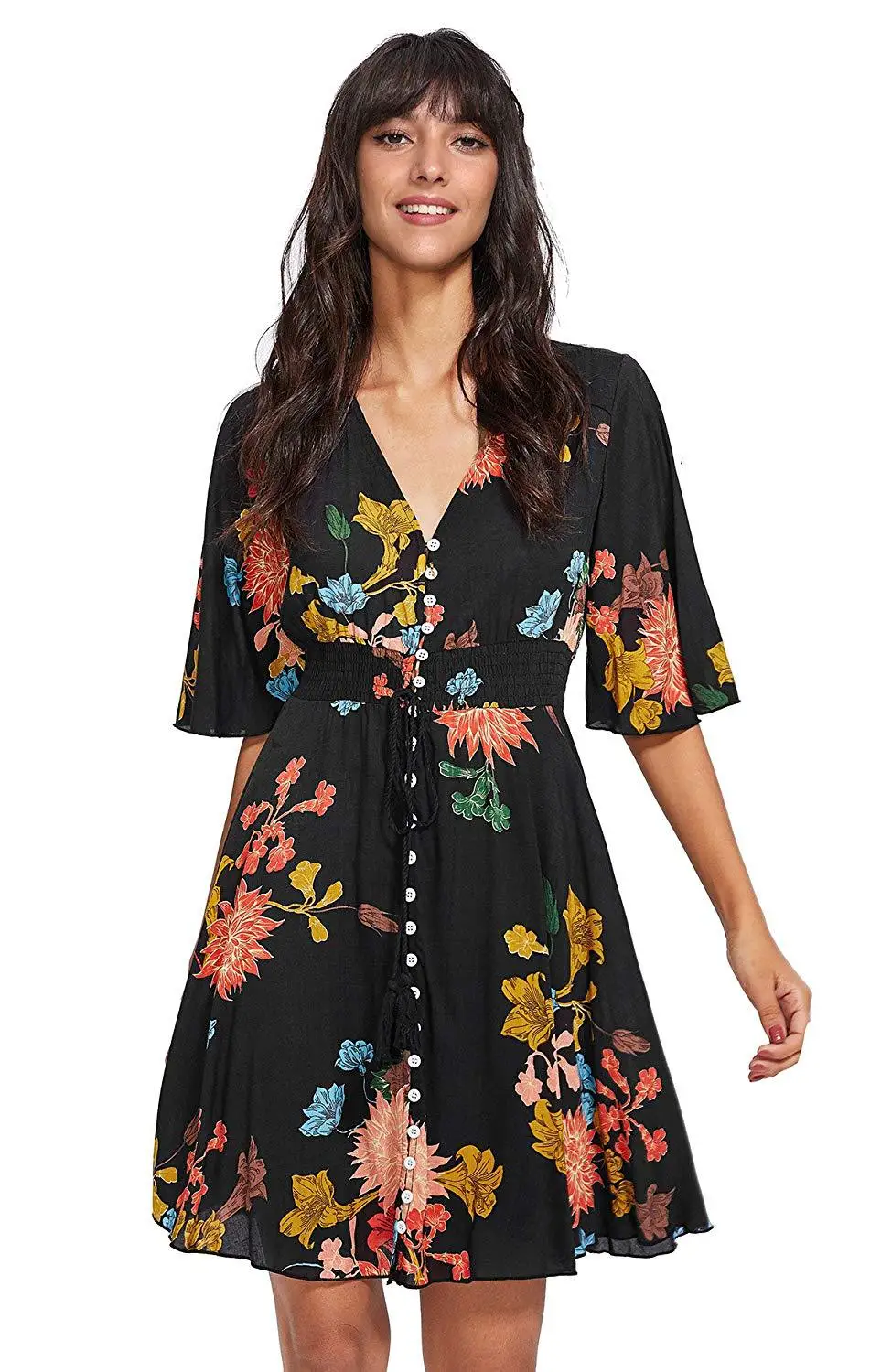 

Summer Women's Boho Dress Button Up Split Floral Print Flowy Party Dresses Women Bohemian Sexy V Neck Mini Dress Plus Size 3XL