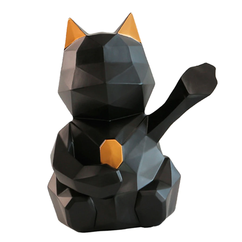 3D Abstract Art Geometric Fortune Lucky Cat Sculpture Resin Animal Statue Figurines Feng Shui Decor