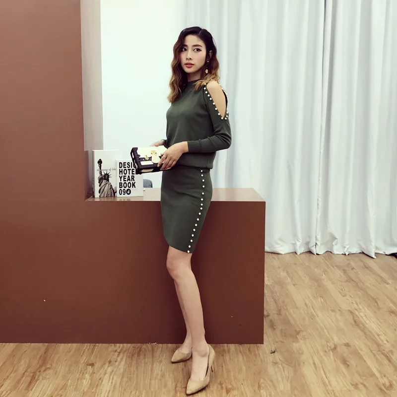 Женский костюм с юбкой Alphalmoda вязаный свитер открытыми плечами и длинными