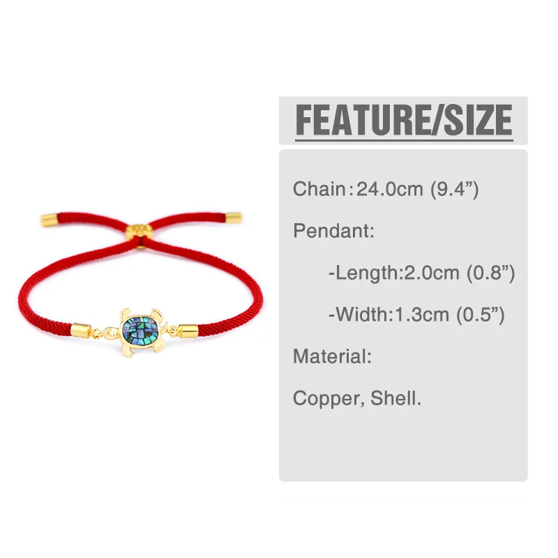 OCESRIO Sea Turtle Bracelet Women Men Natural Abalone Shell Cubic Zirconia Couple Bracelet Red Thread Jewellry pulseras brt-a85