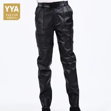Корейские модные повседневные мужские штаны из натуральной кожи, деловые классические свободные длинные брюки, уличные прямые черные мужские брюки