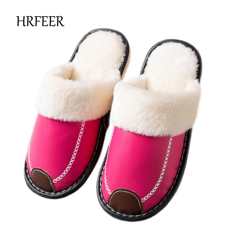 comprar HRFEER Mulheres Chinelos Em Casa de Inverno com Pele Do Falso Moda Sapatos Fechados Quentes Mulher Deslizamento em Plano Mens Slides Casa Chinelo plus Size