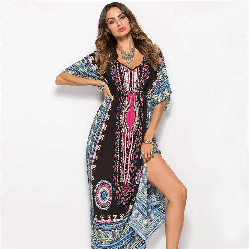 

Women Floral Print Maxi Chiffon Dress Woman V Neck Half Sleeve Wrap A Line Beach Sexy Dress Summer Casual Beach Boho Long Dress