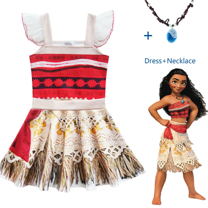 

2018 New Baby Girls Dress Moana necklace Clothes Princess Dresses for Girls Vaiana Kids Dress Children Clothing Anna 3-10 years