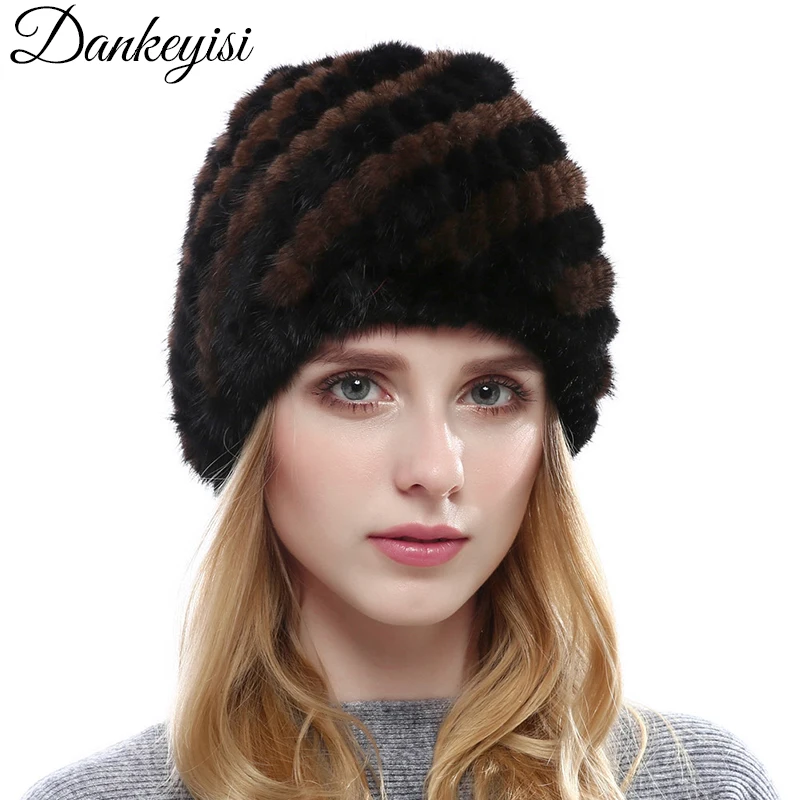 

DANKEYISI Women's Winter Hats Lined Natural Real Mink Fur Cap Knitted Caps Women Pineapple Hat Female Genuine Fur Hat Beanies