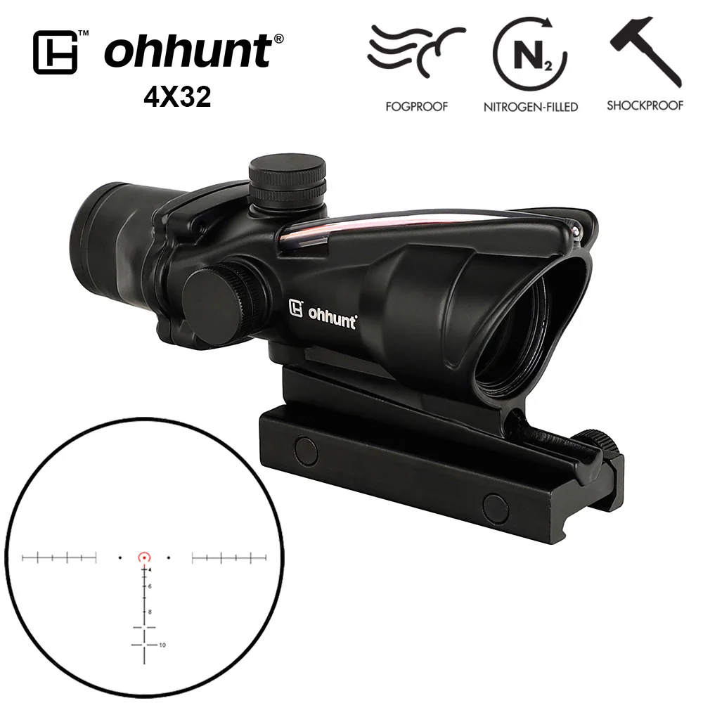 Ohhunt Охота 4X32 ACOG реальный оптоволоконный прицел BDC шеврон Подкова Сетка тактические оптические прицелы для cal. 223. 308 печать логотипа - Цвет: Reticle No.3 Red